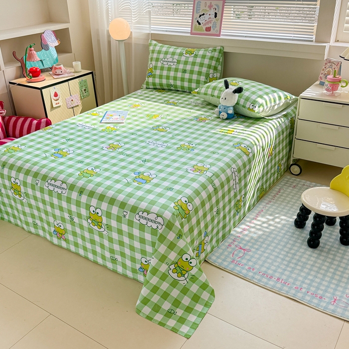 91家纺网 家纺一手货源 找家纺 呗旺鹿 2025新款正版三丽鸥全棉13372单品床单 格子大眼蛙