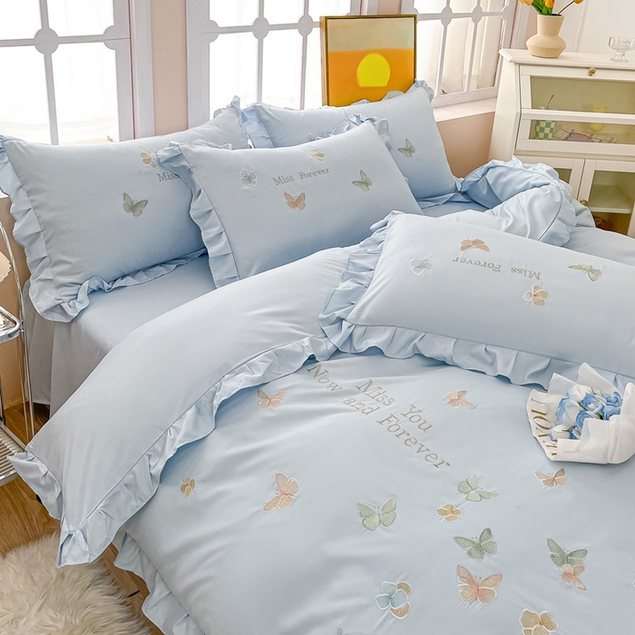 91家纺网 家纺一手货源 找家纺 恋之语 2025新款水洗棉刺绣花边四件套-蝶羽 蝶羽-蓝