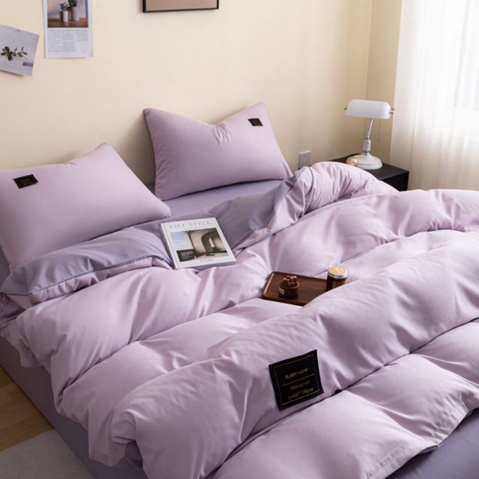 91家纺网 家纺一手货源 找家纺 恋之语 2025新款90克纯色双拼四件套 香芋紫+罗兰紫