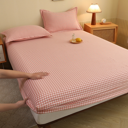 绒多多 2025新款简约水洗棉色织床笠 粉玉小格