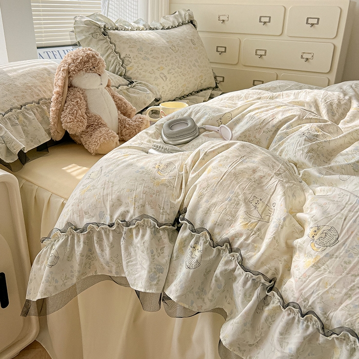 91家纺网 家纺一手货源 找家纺 眠帛家居 2025新款A类法式皱皱纱小清新蕾丝花边四件套 温馨