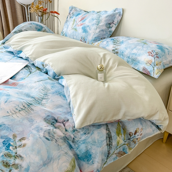 91家纺网 家纺一手货源 找家纺 芃成家纺 2025新款A类莱赛尔天丝棉四件套 春色写意-兰