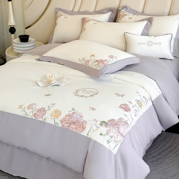 91家纺网 家纺一手货源 找家纺 恋之语 2025新款水洗棉刺绣四件套-伊莉莎 伊莉莎-灰紫