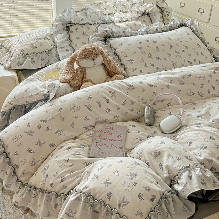 91家纺网 家纺一手货源 找家纺 眠帛家居 2025新款A类法式皱皱纱小清新蕾丝花边四件套 阿狸