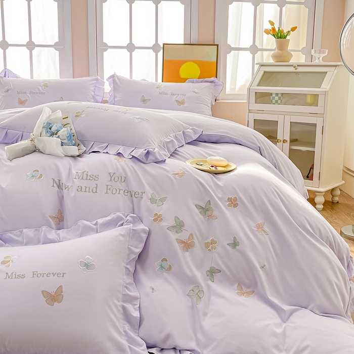 91家纺网 家纺一手货源 找家纺 恋之语 2025新款水洗棉刺绣花边四件套-蝶羽 蝶羽-紫