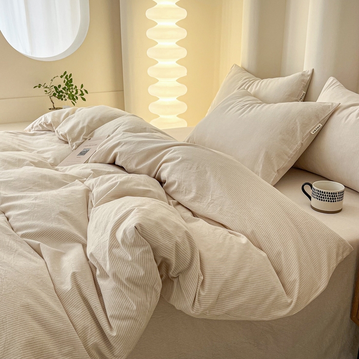 91家纺网 家纺一手货源 找家纺 恋之语 2025新款全棉纯棉色织被套单品单被套被套单件 条纹咖