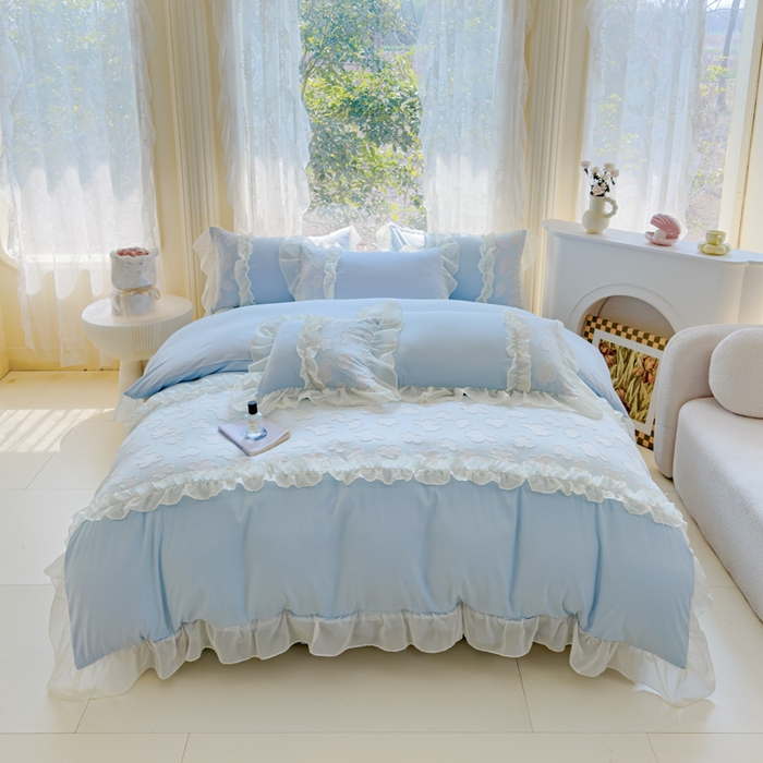 91家纺网 家纺一手货源 找家纺 狂想家  2025新款立体蕾丝花边梦娜系列四件套 梦娜晴空兰