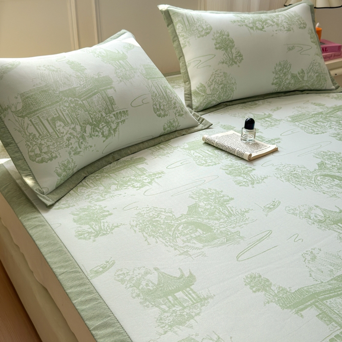 91家纺网 家纺一手货源 找家纺 花漾家居 2025新款A类色织提花PE凉感丝凉席三件套床单床笠款 床单款-江南绿