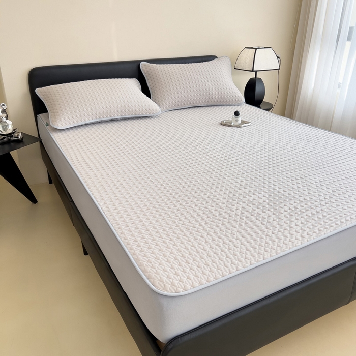 91家纺网 家纺一手货源 找家纺 席世家 2025新款凉感席冰豆豆席子三套件凉席床笠 小方格米咖-床笠款