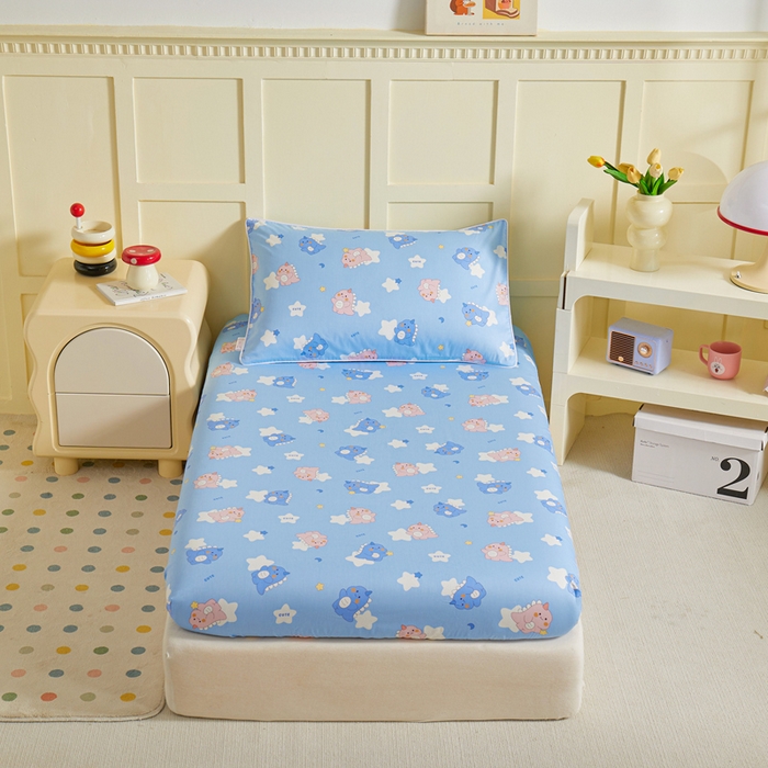 91家纺网 家纺一手货源 找家纺 ds生活馆 2025新款儿童纯棉精梳棉系列单床笠 星星恐龙蓝