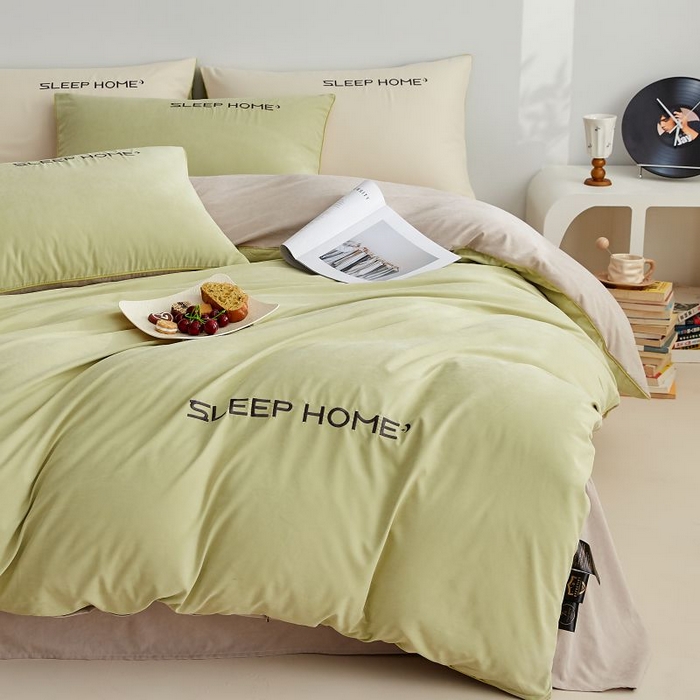 91家纺网 家纺一手货源 找家纺 恋之语 2025新款110克麻绳双拼刺绣四件套 抹茶绿+浅灰