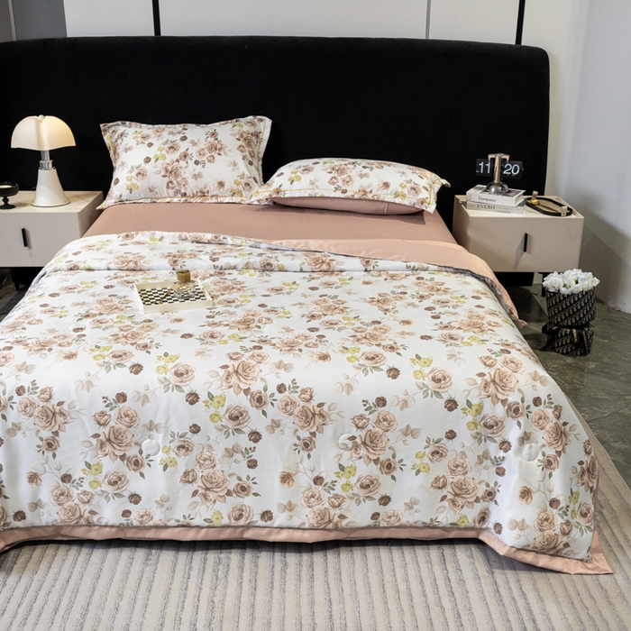 91家纺网 家纺一手货源 找家纺 归属2025新款水洗真丝夏被四件套空调被夏凉被 玫瑰园