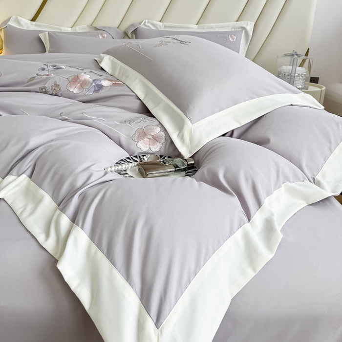 91家纺网 家纺一手货源 找家纺 恋之语 2025新款水洗棉刺绣四件套-锦绣花 锦绣花-浅灰