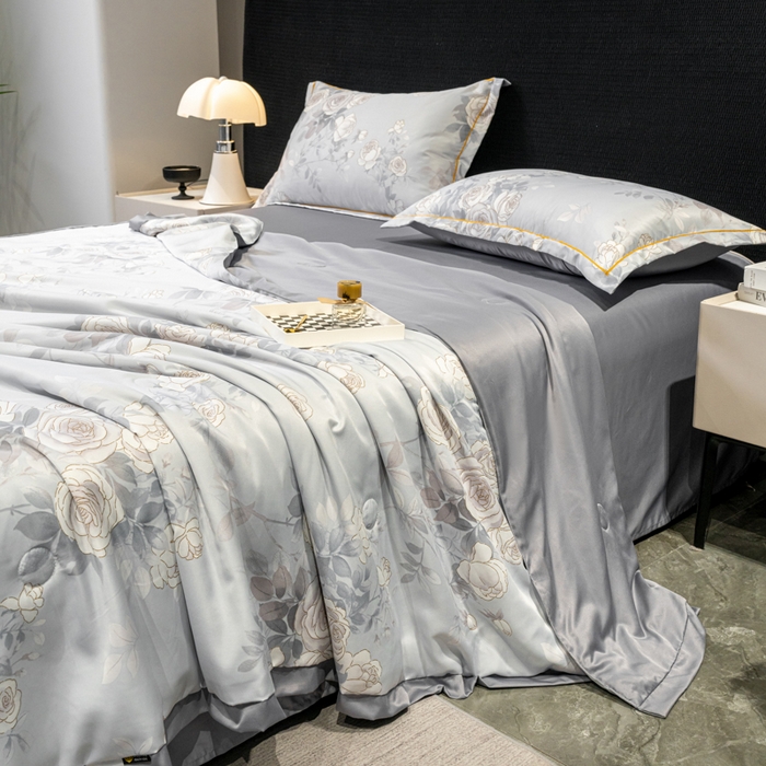 91家纺网 家纺一手货源 找家纺 归属2025新款水洗真丝夏被四件套空调被夏凉被 悦色灰