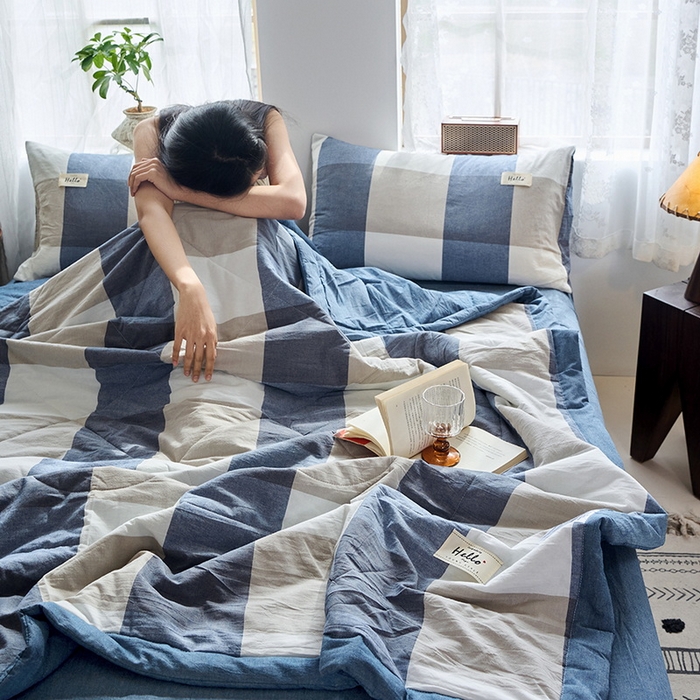 91家纺网 家纺一手货源 找家纺 恋人优选 2025新款纯棉色织水洗夏被 蓝大格