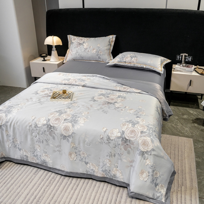 91家纺网 家纺一手货源 找家纺 归属2025新款水洗真丝夏被四件套空调被夏凉被 悦色灰