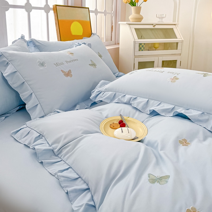 91家纺网 家纺一手货源 找家纺 恋之语 2025新款水洗棉刺绣花边四件套-蝶羽 蝶羽-蓝