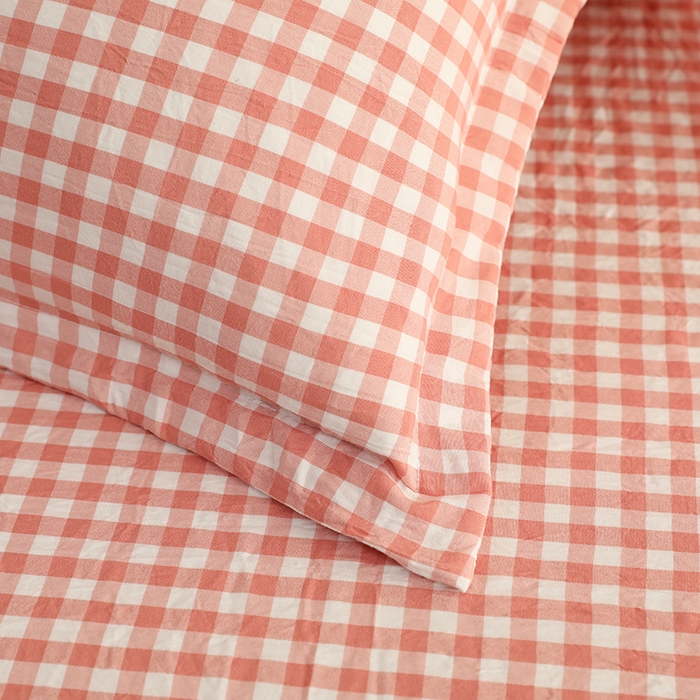 91家纺网 家纺一手货源 找家纺 绒多多 2025新款简约水洗棉色织床笠 粉玉小格