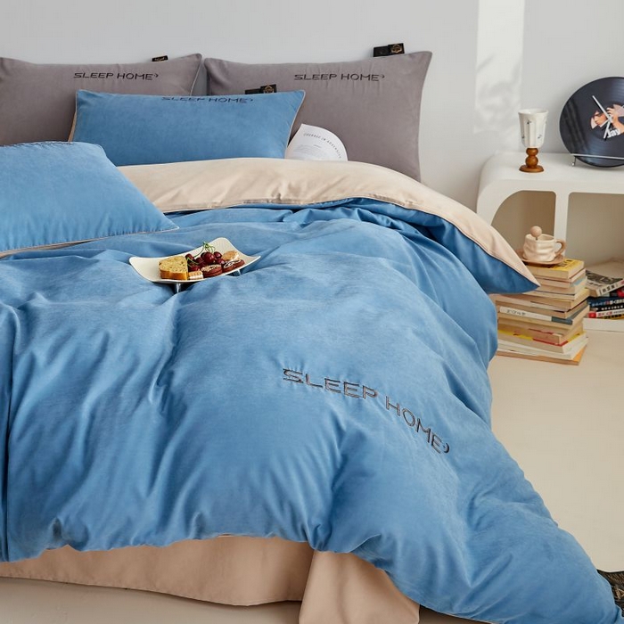 91家纺网 家纺一手货源 找家纺 恋之语 2025新款110克麻绳双拼刺绣单被套 星空蓝+卡其