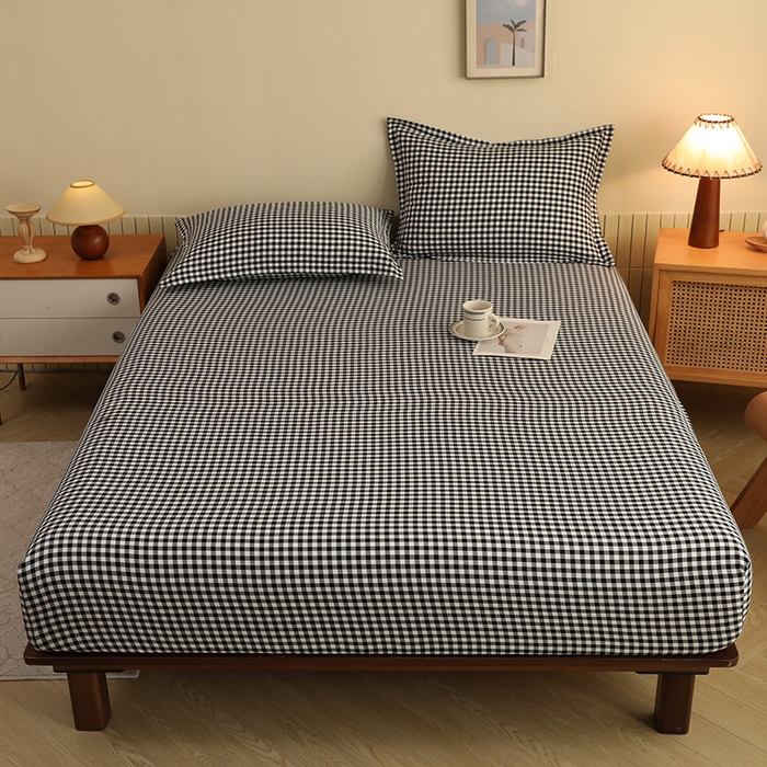 91家纺网 家纺一手货源 找家纺 绒多多 2025新款简约水洗棉色织床笠 黑白格