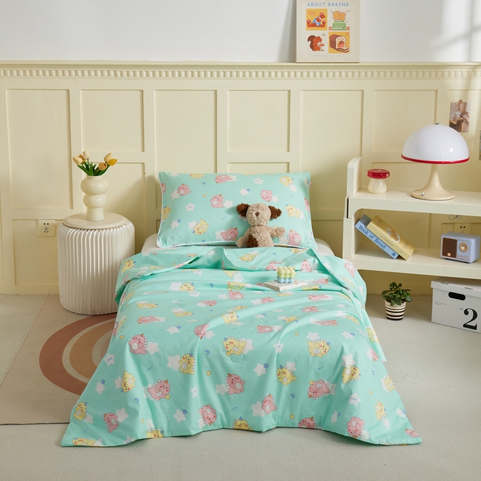 91家纺网 家纺一手货源 找家纺 ds生活馆 2025新款儿童学生纯棉精梳棉系列单夏被 星星恐龙绿