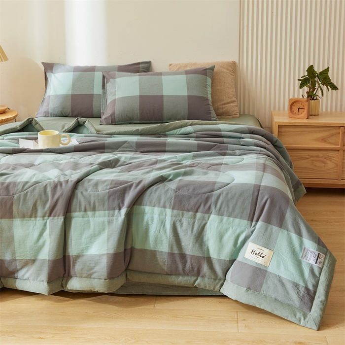 91家纺网 家纺一手货源 找家纺 恋人优选 2025新款纯棉色织水洗夏被 绿灰大格