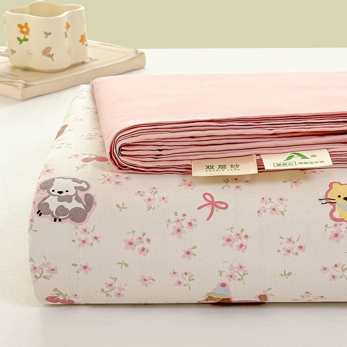 91家纺网 家纺一手货源 找家纺 丝芙妮家居2025新款水洗针织棉双层纱印花四件套 花丛乐园