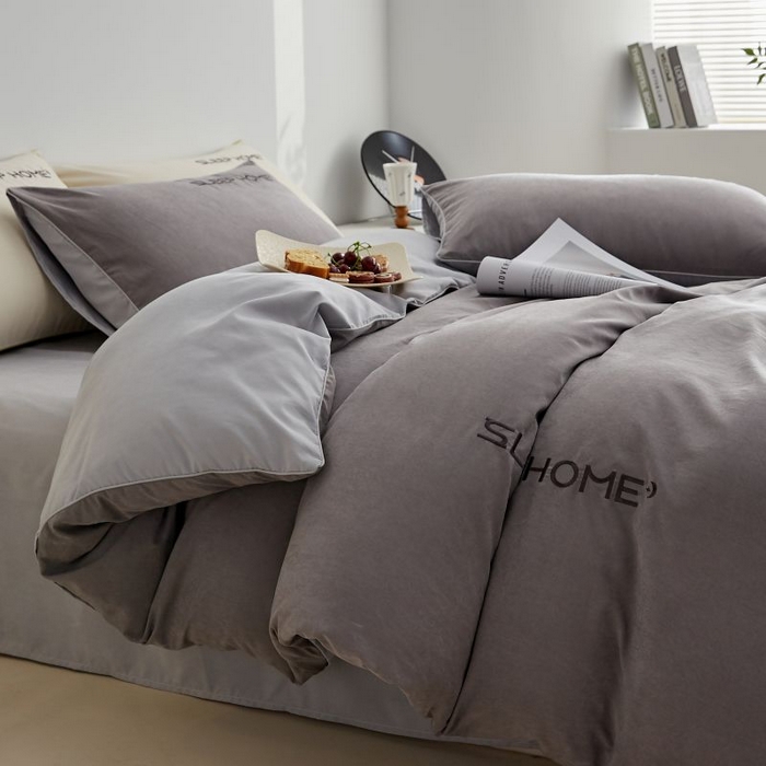 91家纺网 家纺一手货源 找家纺 恋之语 2025新款110克麻绳双拼刺绣单被套 深灰+浅灰
