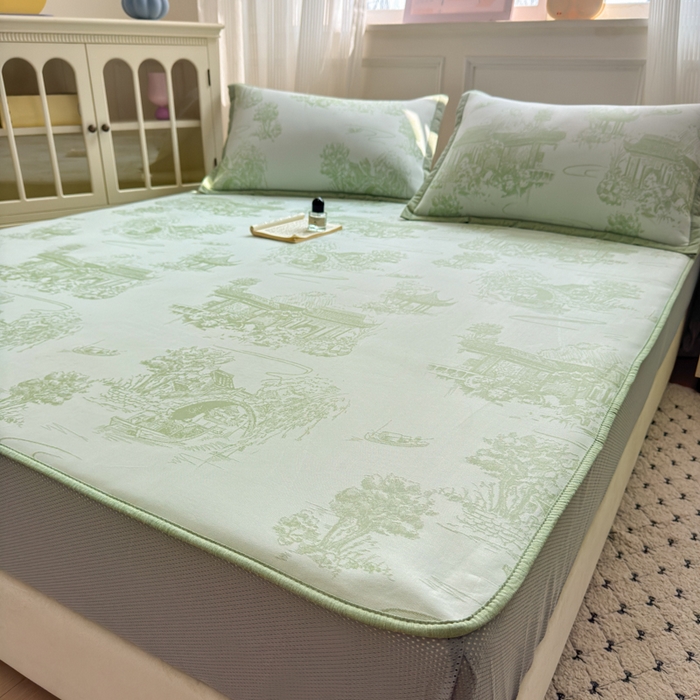 91家纺网 家纺一手货源 找家纺 花漾家居 2025新款A类色织提花PE凉感丝凉席三件套床单床笠款 床笠款-江南绿