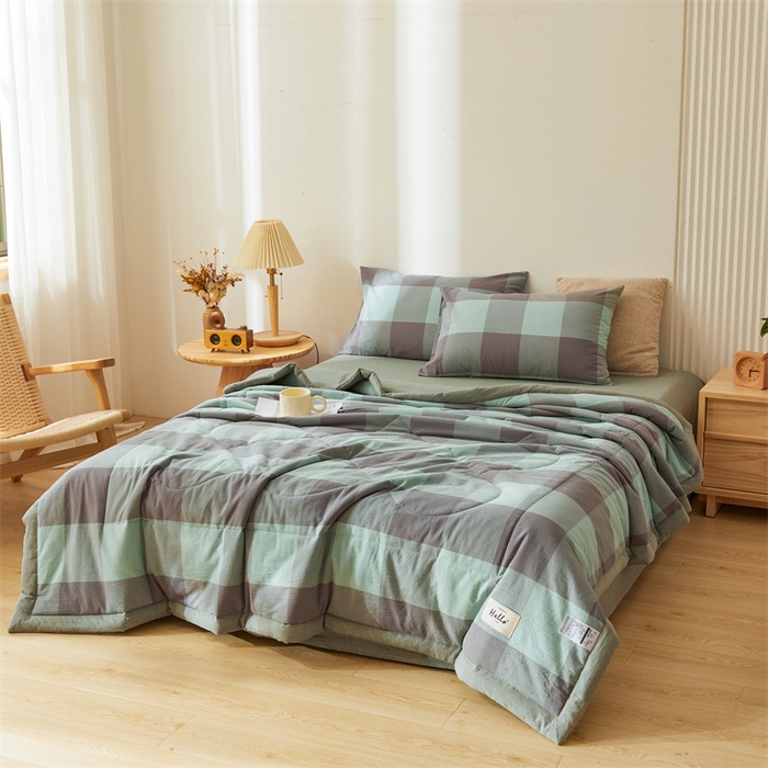 91家纺网 家纺一手货源 找家纺 恋人优选 2025新款纯棉色织水洗夏被 绿灰大格