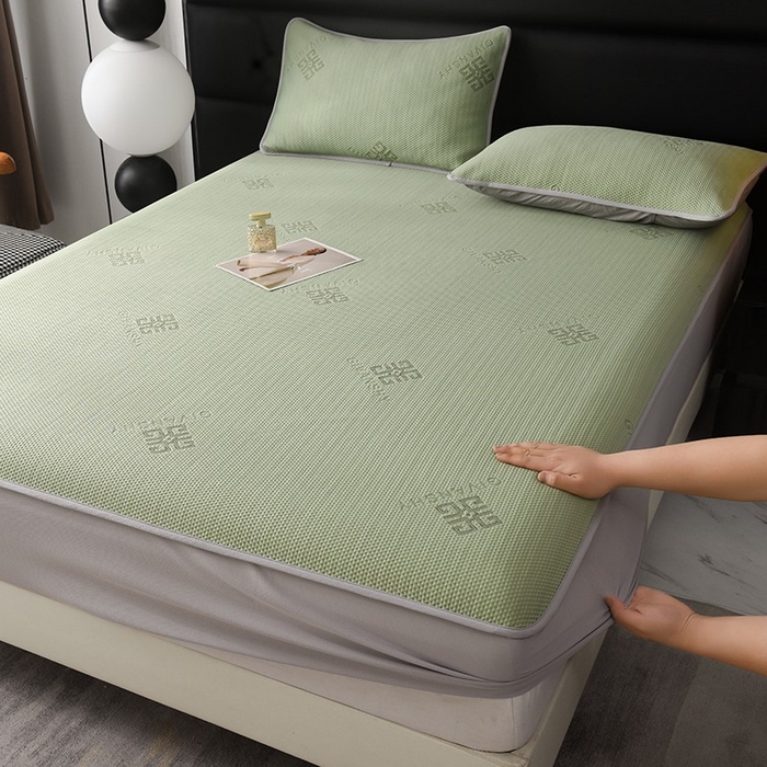 91家纺网 家纺一手货源 找家纺 绒多多 2025新款A类凉感冰豆豆席子凉席床笠款 果绿