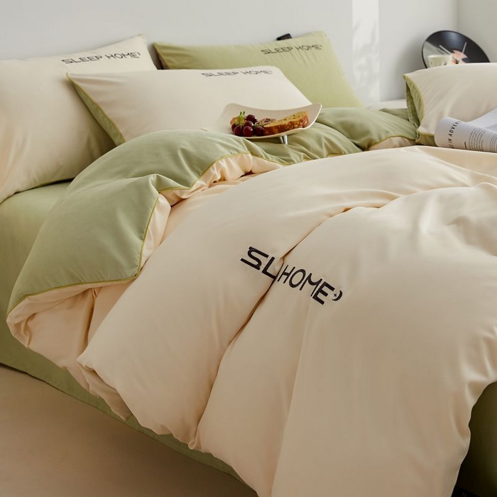 91家纺网 家纺一手货源 找家纺 恋之语 2025新款110克麻绳双拼刺绣四件套 米黄+抹茶绿