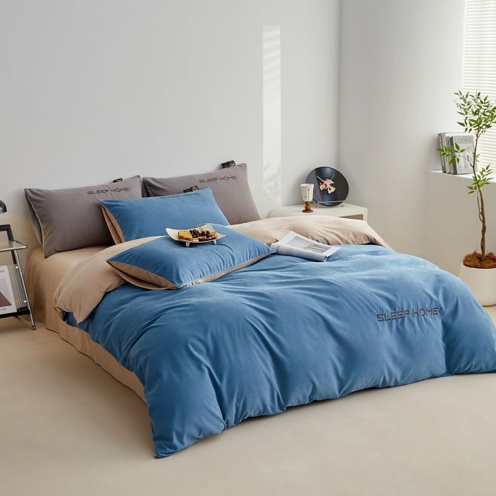 91家纺网 家纺一手货源 找家纺 恋之语 2025新款110克麻绳双拼刺绣四件套 星空蓝+卡其