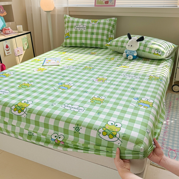 91家纺网 家纺一手货源 找家纺 呗旺鹿 2025新款正版三丽鸥全棉13372单品床笠 格子大眼蛙