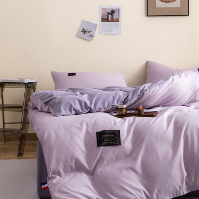 91家纺网 家纺一手货源 找家纺 恋之语 2025新款90克纯色双拼四件套 香芋紫+罗兰紫