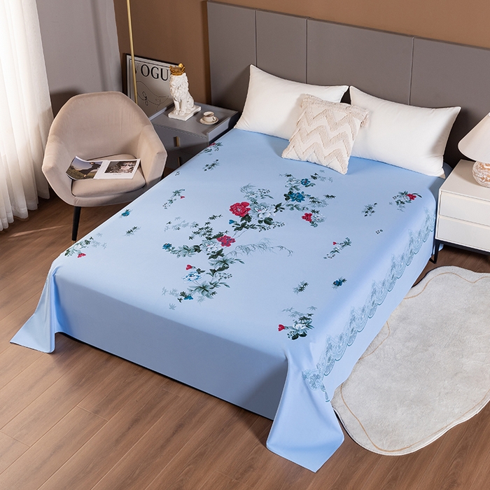 91家纺网 家纺一手货源 找家纺 居美良品 2025新款国民老上海100%全棉床单 牡丹绽放-蓝色