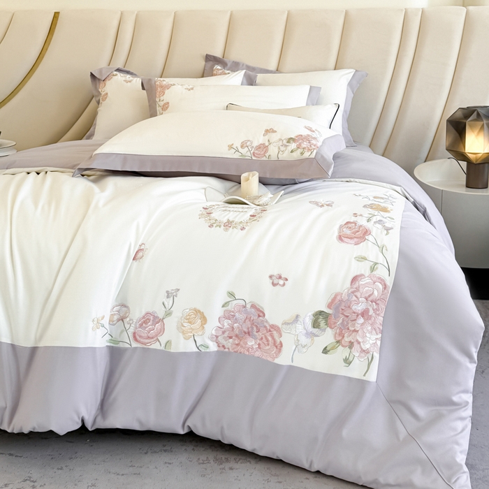 91家纺网 家纺一手货源 找家纺 恋之语 2025新款水洗棉刺绣四件套-伊莉莎 伊莉莎-灰紫