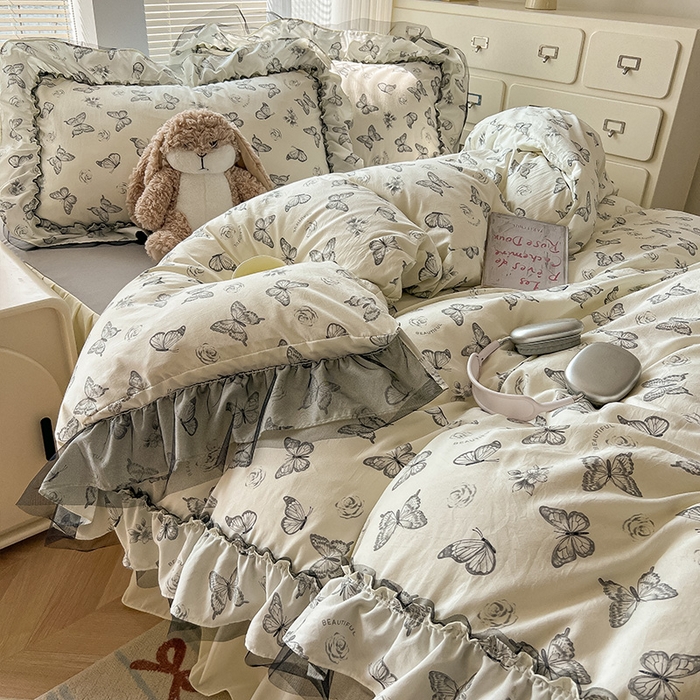 91家纺网 家纺一手货源 找家纺 眠帛家居 2025新款A类法式皱皱纱小清新蕾丝花边四件套 蝶舞