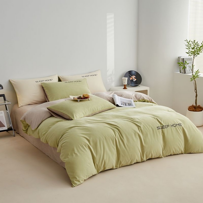 91家纺网 家纺一手货源 找家纺 恋之语 2025新款110克麻绳双拼刺绣四件套 抹茶绿+浅灰