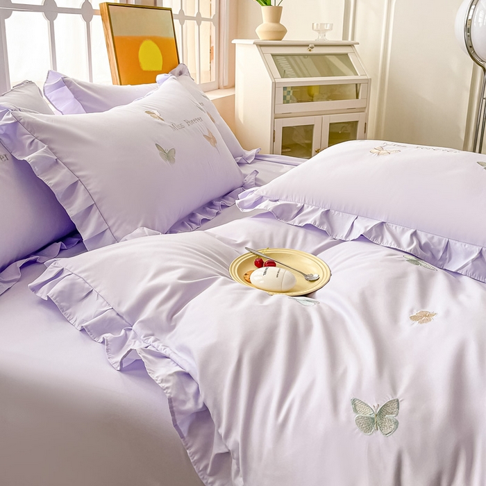 91家纺网 家纺一手货源 找家纺 恋之语 2025新款水洗棉刺绣花边四件套-蝶羽 蝶羽-紫
