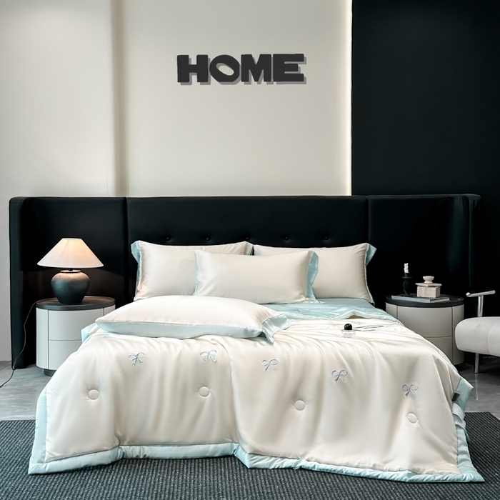 91家纺网 家纺一手货源 找家纺 满羽家纺 2025新款凉感冰丝夏被夏凉被空调被四件套 蝴蝶结-奶白兰