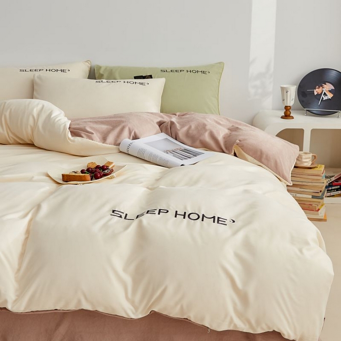 91家纺网 家纺一手货源 找家纺 恋之语 2025新款110克麻绳双拼刺绣四件套 米黄+浅咖