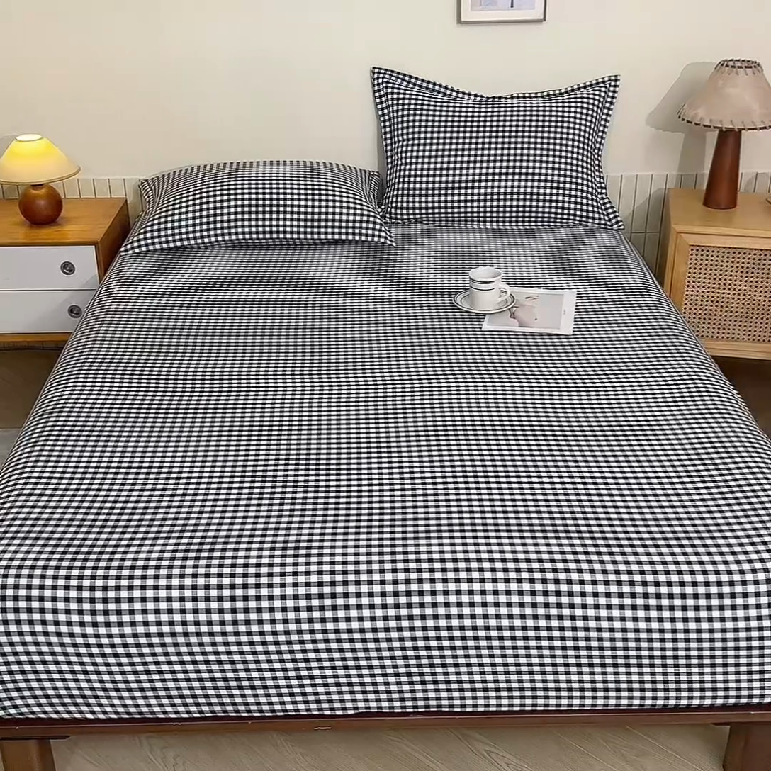 91家纺网 家纺一手货源 找家纺 绒多多 2025新款简约水洗棉色织床笠 黑白格