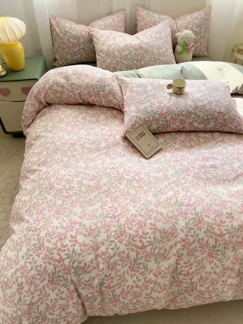 91家纺网 家纺一手货源 找家纺 丝芙妮家居2025新款水洗针织棉双层纱印花四件套 初夏薄荷