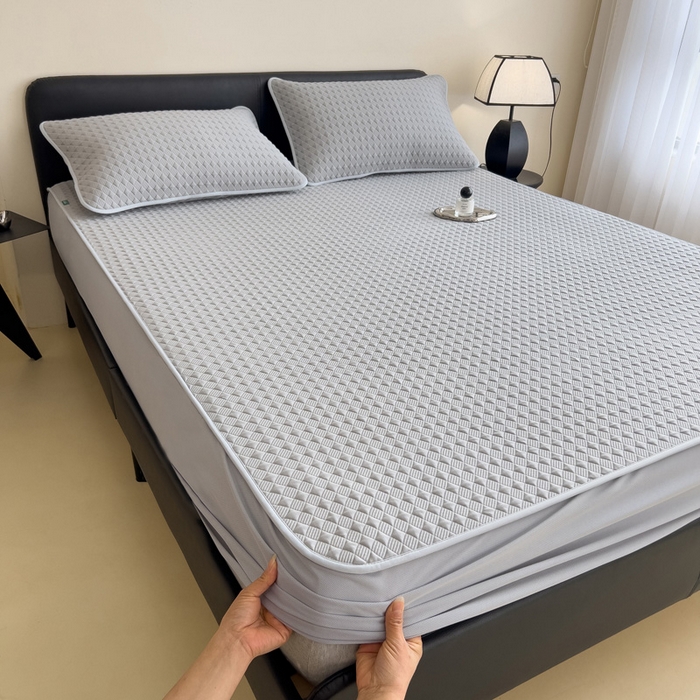 91家纺网 家纺一手货源 找家纺 席世家 2025新款凉感席冰豆豆席子三套件凉席床笠 小方格珍珠灰-床笠款