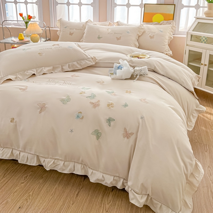 91家纺网 家纺一手货源 找家纺 恋之语 2025新款水洗棉刺绣花边四件套-蝶羽 蝶羽-米白