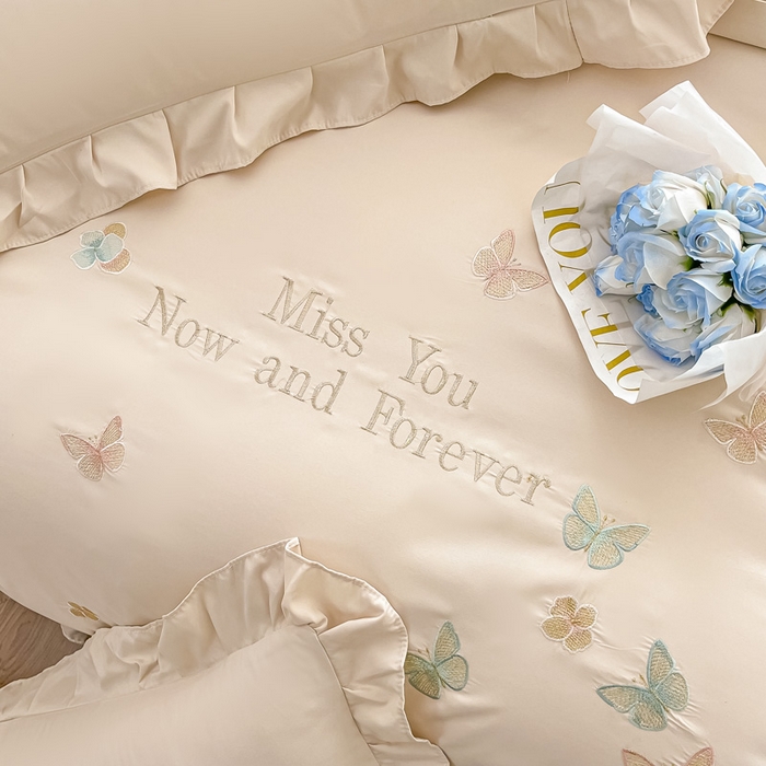 91家纺网 家纺一手货源 找家纺 恋之语 2025新款水洗棉刺绣花边四件套-蝶羽 蝶羽-米白