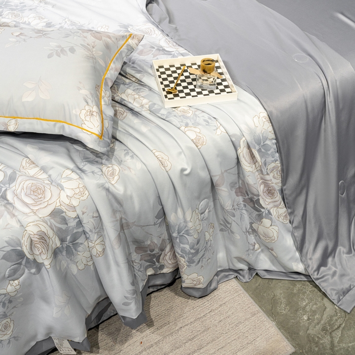 91家纺网 家纺一手货源 找家纺 归属2025新款水洗真丝夏被四件套空调被夏凉被 悦色灰