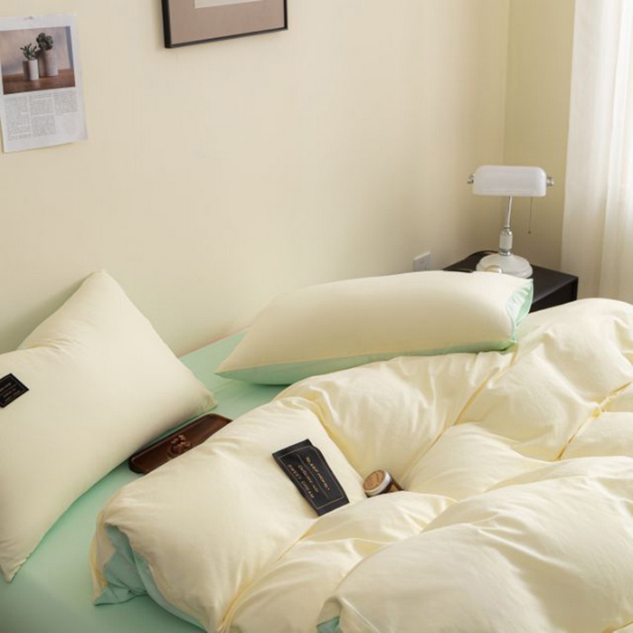 91家纺网 家纺一手货源 找家纺 恋之语 2025新款90克纯色双拼单被套 奶油黄+浅兰