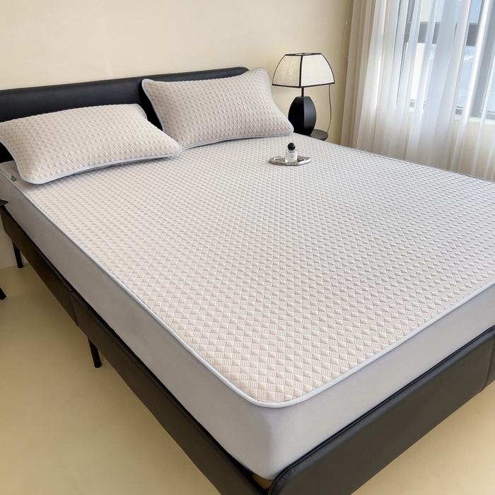 91家纺网 家纺一手货源 找家纺 席世家 2025新款凉感席冰豆豆席子三套件凉席床笠 小方格米咖-床笠款